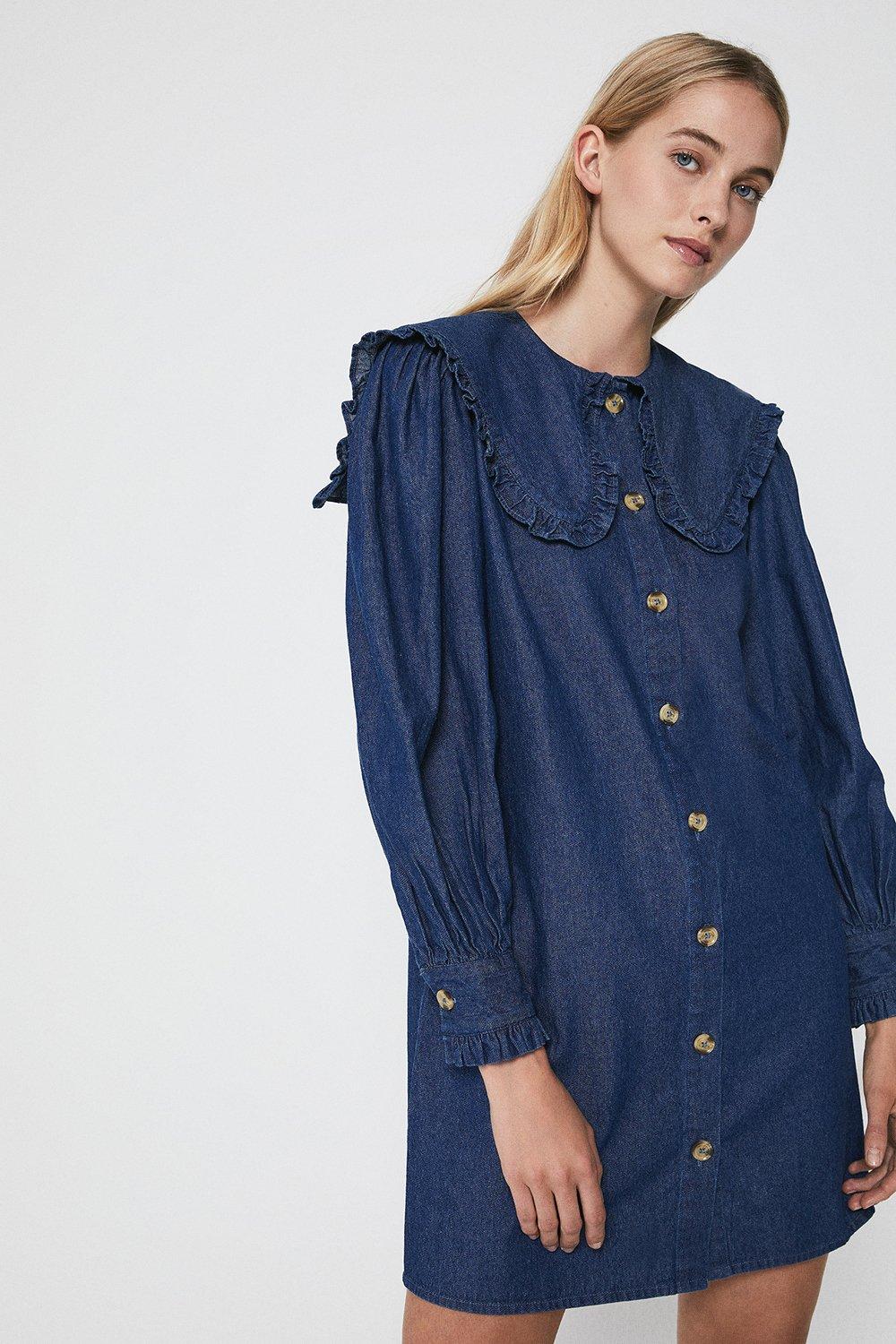 Denim Frill Collar Mini Dress | Warehouse